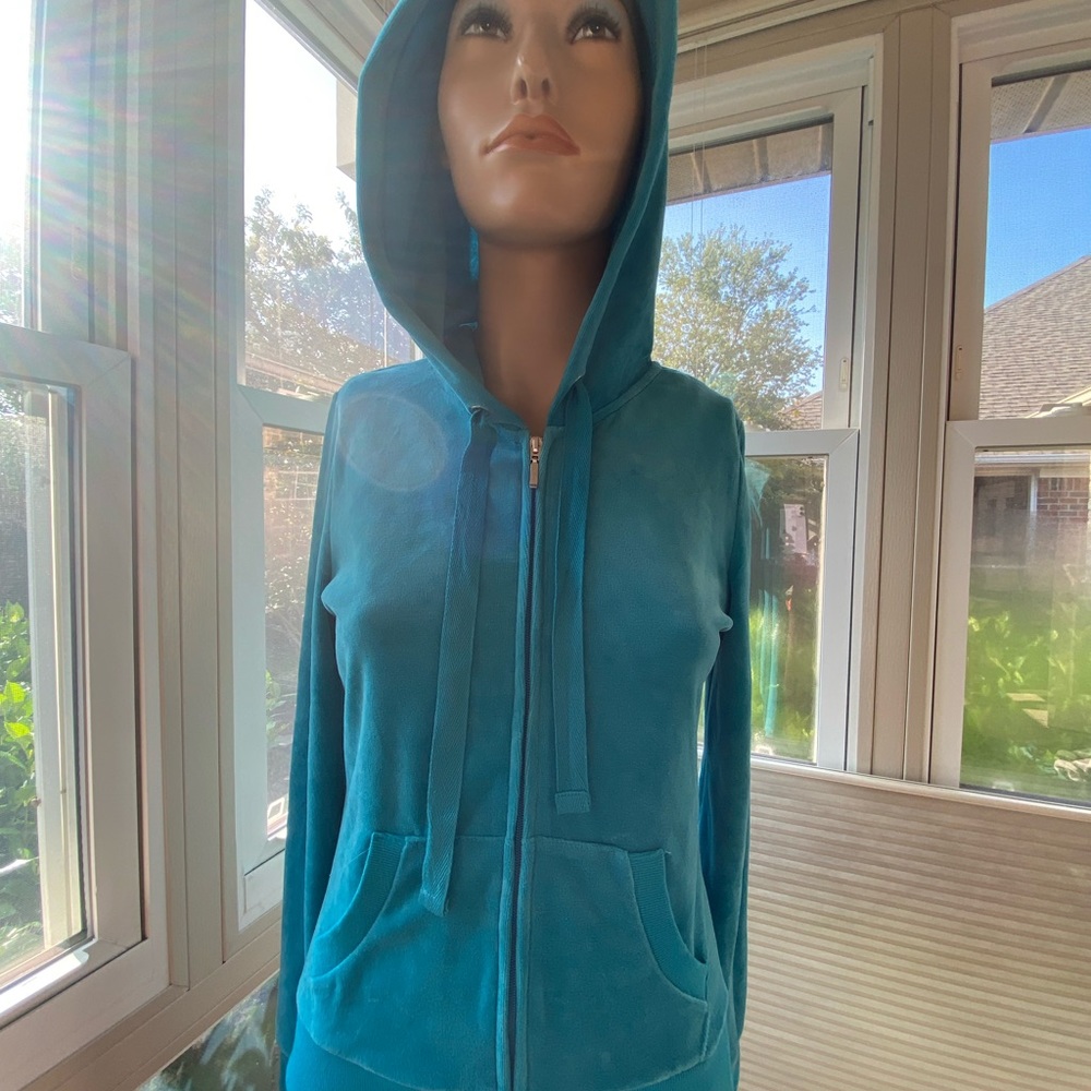Vintage Y2K Romeo and Juliet Couture velour hoodie sz M Teal Never Worn